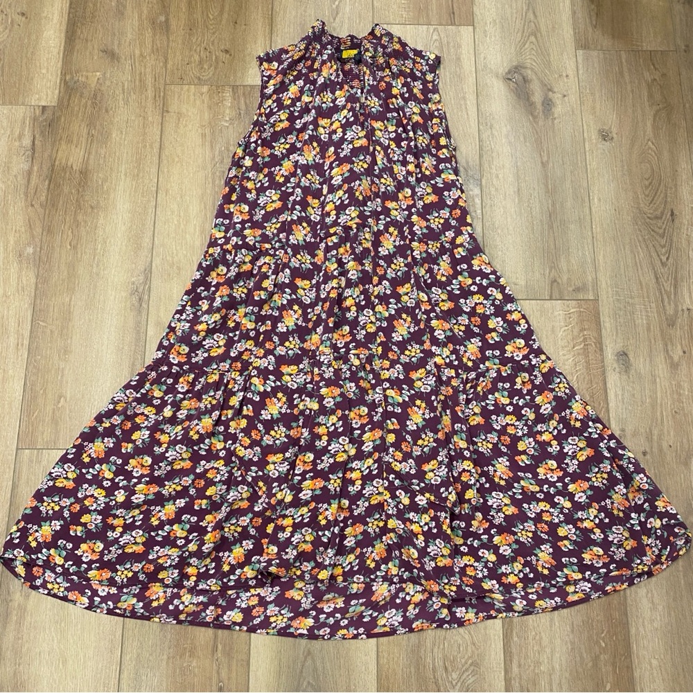 🌟POLO RALPH LAUREN🌟 SILK TIERED FLORAL PRINT TIE NECK MIDI DRESS MAROON SZ M